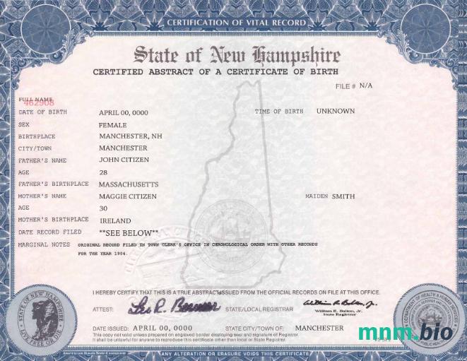 USA New Hampshire narodziny cert